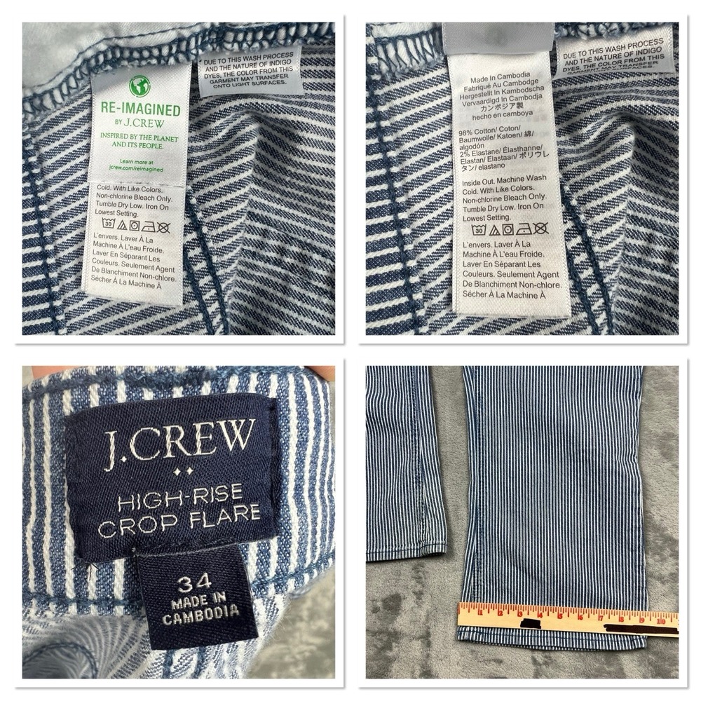J. Crew Factory Navy Blue White Pin Striped High Rise Crop Flare Jeans Women 34 - Picture 8 of 8